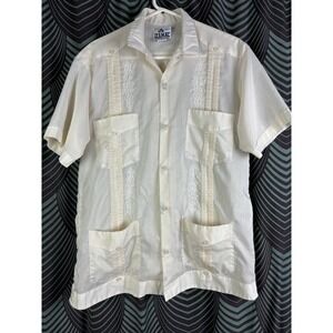 Authentic Izamal‎ Guayabera Shirt Embroidered Ivory 4 Pocket Men's Large EUC